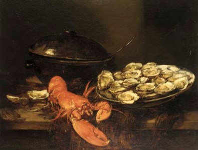 Oysters, a lobster, and a soup tureen on a table