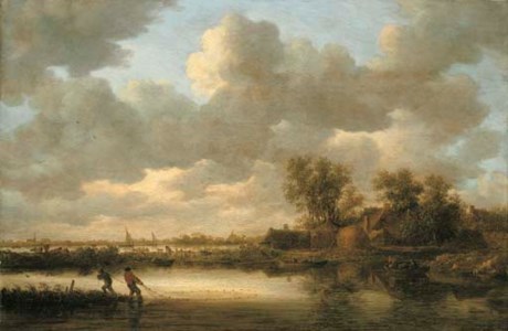 JAN JOSEFSZ. VAN GOYEN, A river landscape with fishermen drawing in their nets near a village