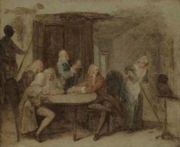 The Antiquaries: A group of men seated at a circular table in an interior with a maid, and an owl on a perch, unfinished