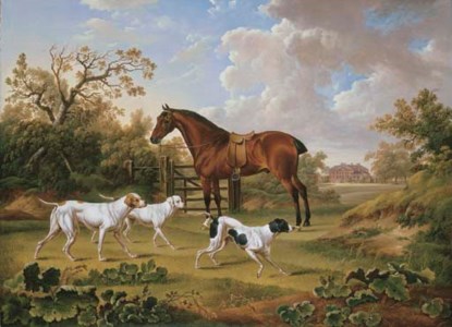 A bay hunter and three pointers in a landscape with Lyston Hall beyond