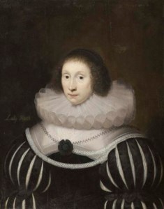Portrait of Margaret, Lady Heath, wife of Sir Robert Heath, half-length, in a black dress with slashed sleeves and a white ruff, with a rope of pearls