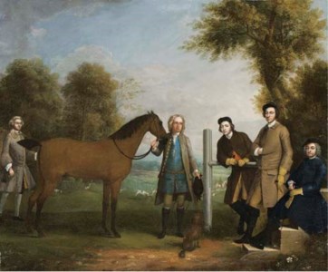 GROUP PORTRAIT, INCLUDING EDWARD CHESTER (1712-1767), OWNER OF COCKENHATCH, HIS BROTHER, PETER (1720-1799), GOVERNOR OF FLORIDA, A GROOM AND THE CLERGYMAN OF THE PARISH OF BARKWAY, REV. WILLIAM ANDREW, FULL-LENGTH, IN A LANDSCAPE WITH HOUNDS BEYOND