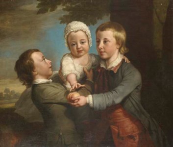 GROUP PORTRAIT OF THREE CHILDREN, THREE-QUARTER-LENGTH, IN A WOODED LANDSCAPE, THE ELDEST HOLDING A PEACH