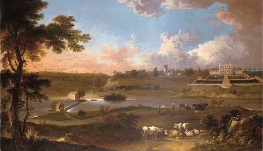 VIEW OF SPROTBOROUGH HALL, NEAR DONCASTER, YORKSHIRE, WITH CATTLE AND HERDSMAN ON THE BANKS OF THE RIVER DON BEFORE
