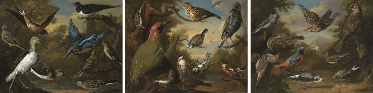 ORNAMENTAL BIRDS IN A LANDSCAPE, A SET OF THREE