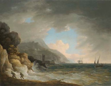 VIEW OF A BAY NEAR TERRACINA WITH FIGURES AND SHIPPING IN CHOPPY SEAS