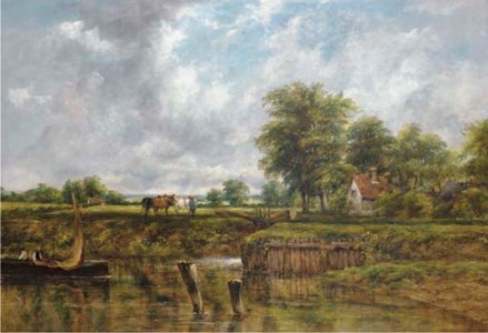 WOODED RIVER LANDSCAPE, WITH A COTTAGE BY A LOCK, A BARGE, AND A FIGURE WITH HORSES ON THE TOWPATH
