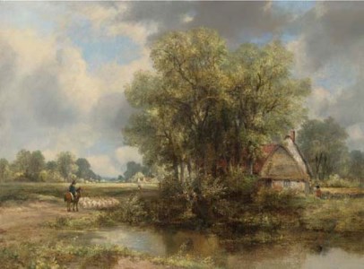 A WOODED LANDSCAPE WITH A COTTAGE BY A POND AND A FIGURE AND SHEEP ON A PATH