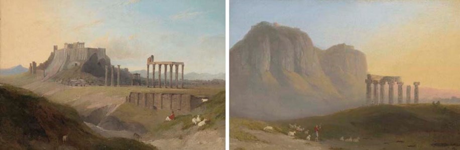 VIEW OF THE TEMPLE OF APOLLO AT CORINTH WITH ACRO-CORINTH BEYOND A SHEPHERD WITH HIS FLOCK IN THE FOREGROUND; AND VIEW OF THE ACROPOLIS, ATHENS, WITH A SHEPHERD AND HIS FLOCK IN THE FOREGROUND