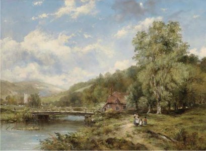 A WOODED RIVER LANDSCAPE, WITH FIGURES ON A PATH BY A BRIDGE, A VILLAGE BEYOND