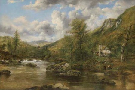 ANGLERS BESIDE A COTTAGE IN A WOODED RIVER LANDCAPE