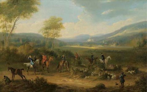 A HUNTING PARTY WITH HOUNDS IN AN EXTENSIVE RIVER LANDSCAPE