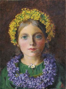 Portrait of a Girl, adorned with cowslips, bluebells and a daisy