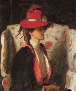 Seated lady wearing a red feathered hat