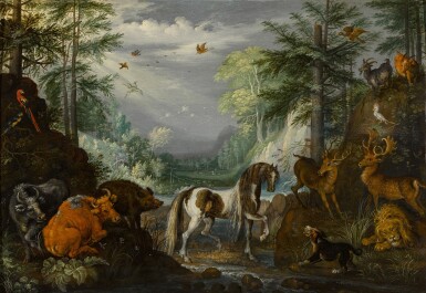 Paradise landscape with a skewbald, cows, stags, a lion, dog, goats, parrots and other animals, the Conversion of Saint Hubert beyond