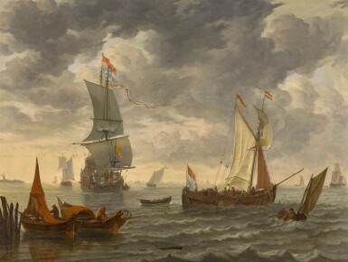 A Dutch man-of-war, a wijdschip and other vessels near a jetty