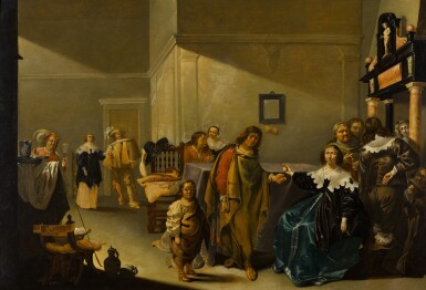 Interior with elegantly-dressed figures and a fortune teller with her retinue