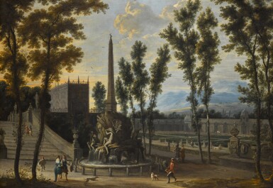 A capriccio of an Italianate palatial garden with figures beside Gian Lorenzo Bernini's fountain of The Four Rivers