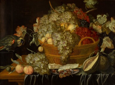 Still life with grapes in a wicker basket, together with a parrot