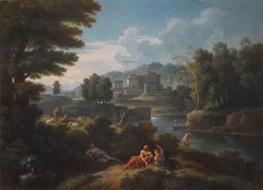 An Italianate landscape with a group of figures conversing by a river, with shepherds and fishermen, a castle beyond