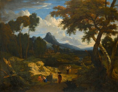 An Italianate landscape with classical figures, a waterfall and a town beyond