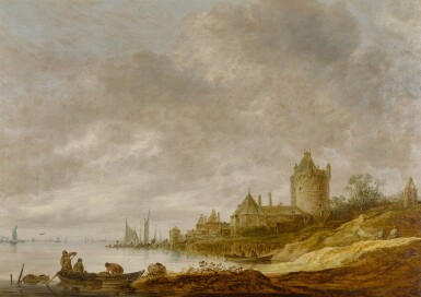 River landscape with a castle with a round tower