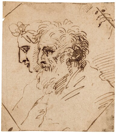 Study of two heads, seen in profile: a head of a man with a beard and head of a woman with a floral headpiece