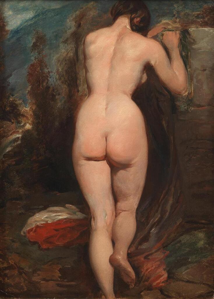 Female nude, seen from behind, leaning on a rock