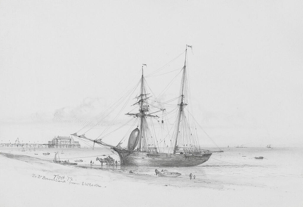 A group of 7 pencil drawings of boats including 'Boulogne fishing boat aground', 'Scheveling Shore' and 'Stay-sail of sloop' various sizes, the largest