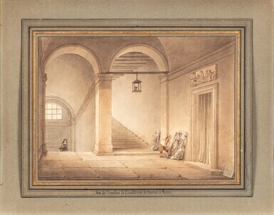 A staircase in a grand Palace, with a young artist admiring a fragment of an ancient relief