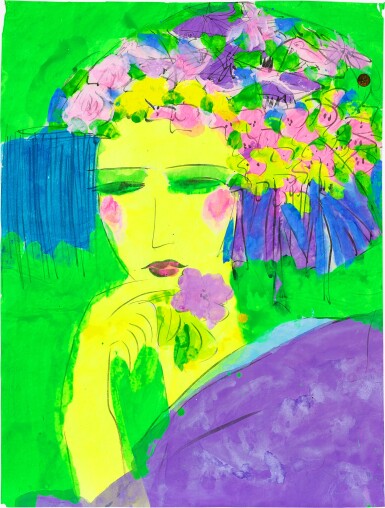 Walasse Ting 丁雄泉 | Geisha with flowers 執花藝伎