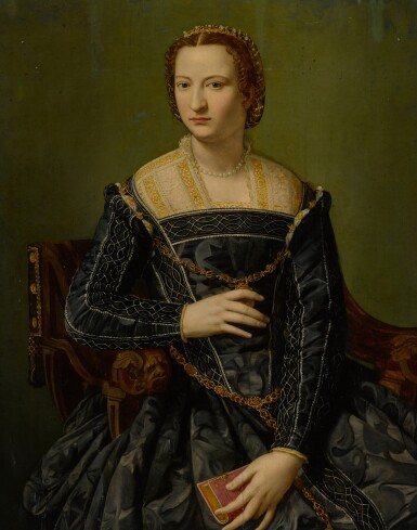 Portrait of a lady in black, holding a book, three-quarter length