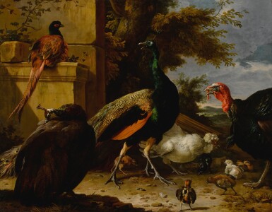 A peacock, pea-hen, pheasant, turkey, cockerel and chick by a wall, a landscape beyond