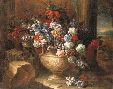 Tulips, lilacs, dahlias and other flowers in a sculpted vase, before a column, a landscape beyond