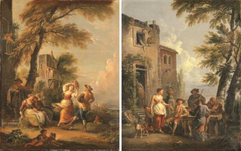 Travelers merrymaking outside an Inn; and Peasants merrymaking and dancing in a landscape