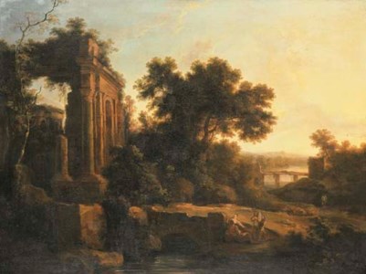 An Italianate landscape with classical ruins and figures conversing by a bridge
