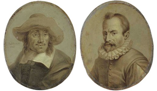 Eight portraits, all small bust-length, of Hendrick Dubbels (1620-1676) after Ludolf Bakhuyzen, Mattheus G*** (active c.1500), Desiderius Erasmus of Rotterdam (c. 1466-1536), Joachim Beuckelaer (c.1530-1573), Wendel Dieterlyn (?), Gillis Mostert (c.1534-1598), Albert van Ouwater (active 1450) and Jan van Calcar (1499-c.1550) -- en grisaille