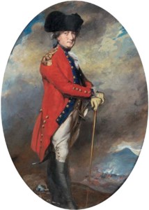 Portrait of Charles, 1st Marquis Cornwallis (1738-1805), small full-length, in uniform, leaning on a cane, in a landscape with a battle beyond