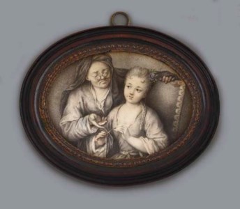 ' La leçon d'enfilage ': an innocent girl learning to thread pearls, supervised by an elderly procuress wearing glasses