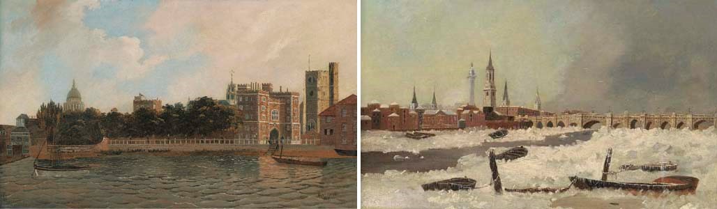 View of Lambeth Palace from the Thames; and View of Old London Bridge with the Thames partially frozen over