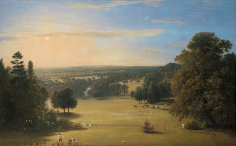 View from Lord Northwick's villa at Harrow on the Hill, with gardeners and other figures in the foreground and London in the distance
