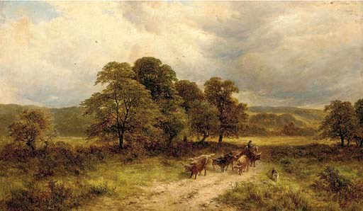 A drover with Highland cattle in a wooded landscape
