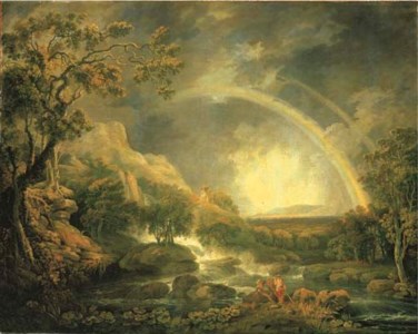 An extensive wooded river landscape, with anglers beside a pool below a waterfall, and a rainbow