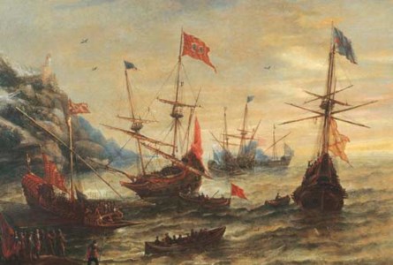 A coastal landscape with frigates and soldiers in a breeze