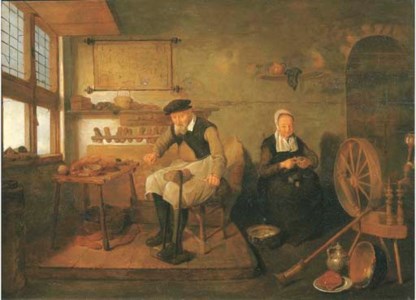 The interior of a cobbler's workshop, with a cobbler at work and a woman peeling onions
