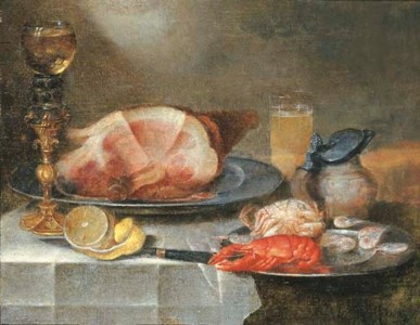 A ham, a lobster, a crab and shrimps on pewter plates with a roemer on a gilt stand, a glass of beer, an earthenware jug, a partly peeled lemon and a knife on a draped table