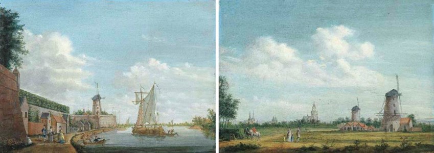 A river landscape with elegant townsfolk promenading by a city wall; and A view of Arnhem with the St. Walburgskerk on the left and the Grote Kerk on the right, elegant townsfolk promenading nearby