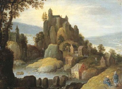 An Alpine river landscape with a clifftop castle and a village, two pilgrims in the foreground