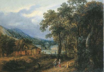A WOODED LANDSCAPE WITH FIGURES ON A PATH, FARMHOUSES BEYOND