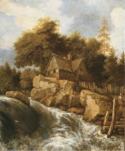 A rocky Nordic landscape with peasants on a path by a waterfall, before a cottage